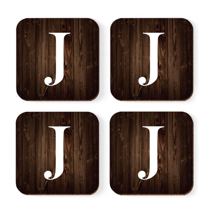 Square Coffee Drink Monogram Coasters Gift Set, Dark Brown Rustic Wood-Set of 4-Andaz Press-J-