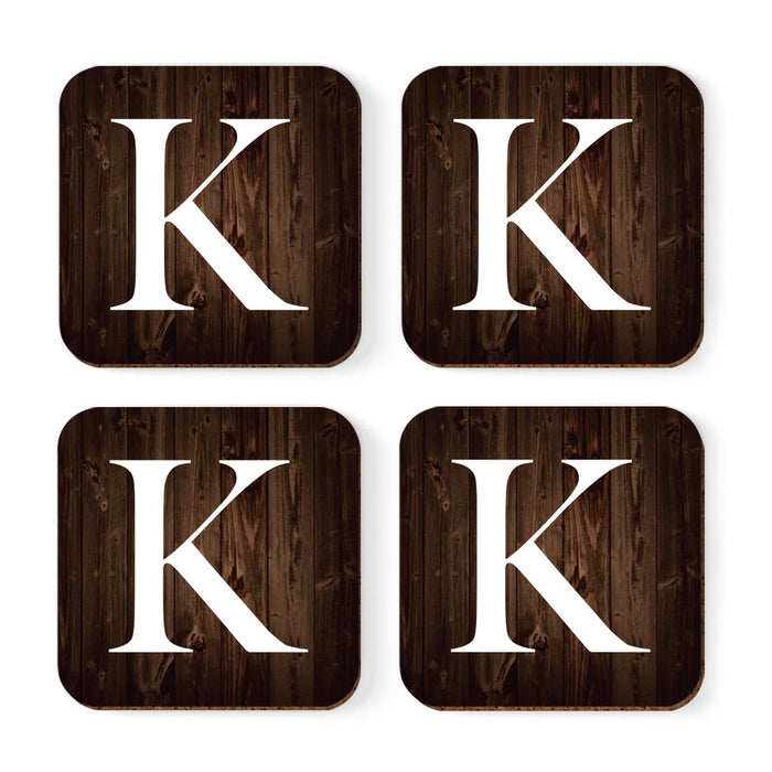 Square Coffee Drink Monogram Coasters Gift Set, Dark Brown Rustic Wood-Set of 4-Andaz Press-K-