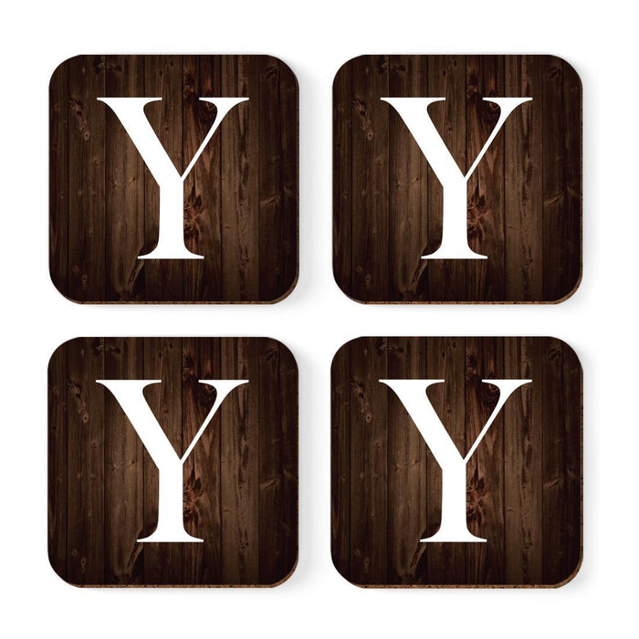 Square Coffee Drink Monogram Coasters Gift Set, Dark Brown Rustic Wood-Set of 4-Andaz Press-Y-