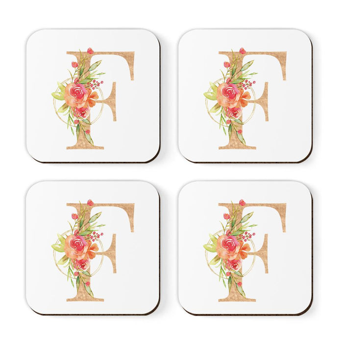 Square Coffee Drink Monogram Coasters Gift Set, Faux Gold Pink Floral-Set of 4-Andaz Press-F-