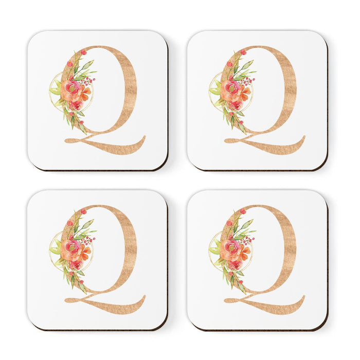 Square Coffee Drink Monogram Coasters Gift Set, Faux Gold Pink Floral-Set of 4-Andaz Press-Q-