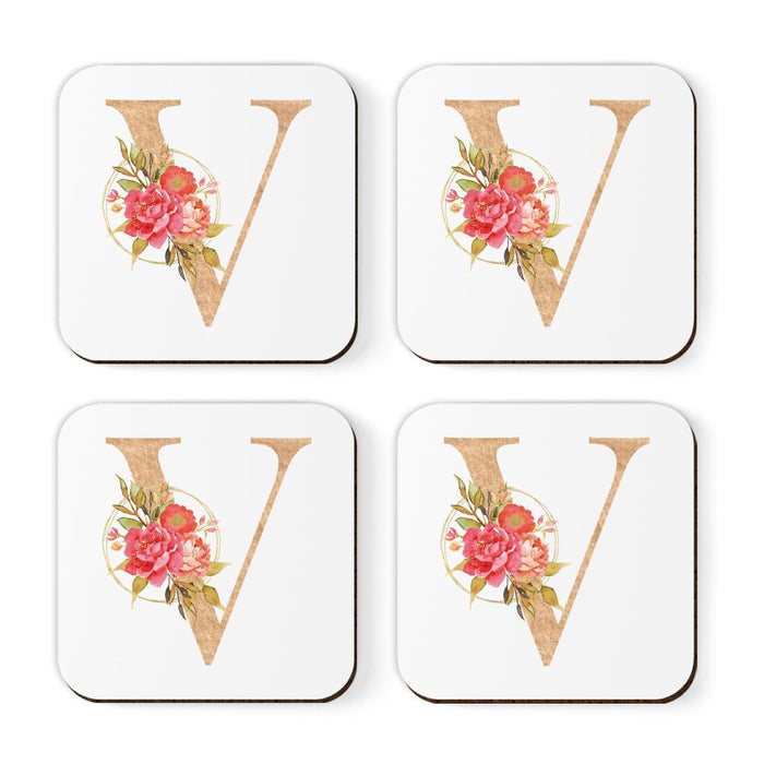 Square Coffee Drink Monogram Coasters Gift Set, Faux Gold Pink Floral-Set of 4-Andaz Press-V-