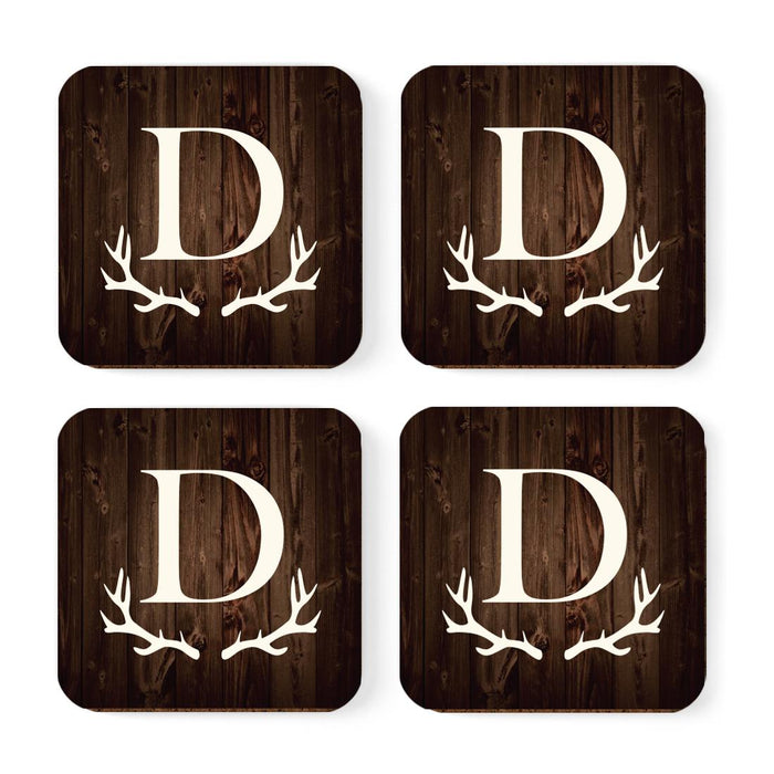 Square Coffee Drink Monogram Coasters Gift Set, Rustic Wood Deer Antler-Set of 4-Andaz Press-D-