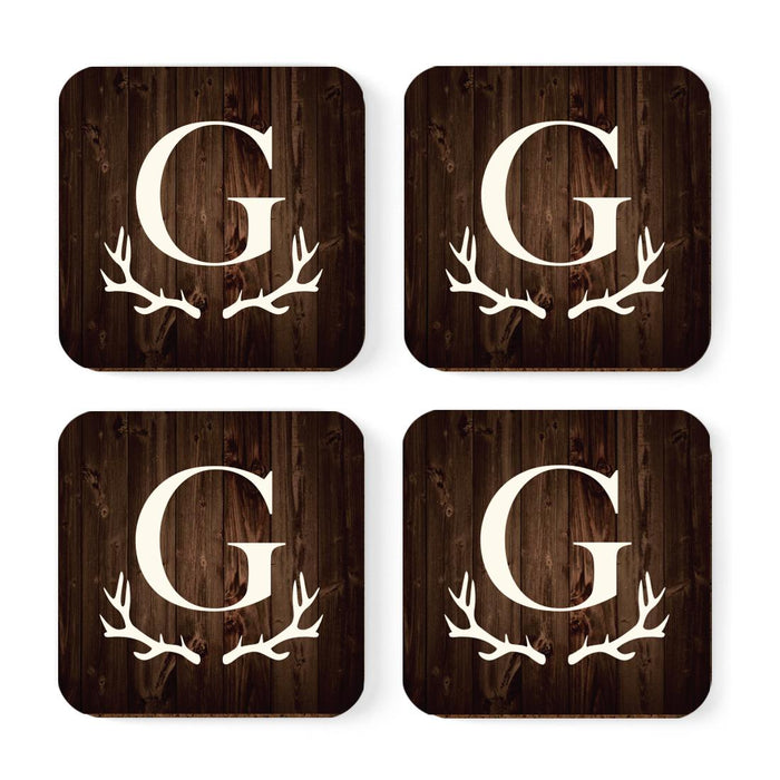 Square Coffee Drink Monogram Coasters Gift Set, Rustic Wood Deer Antler-Set of 4-Andaz Press-G-