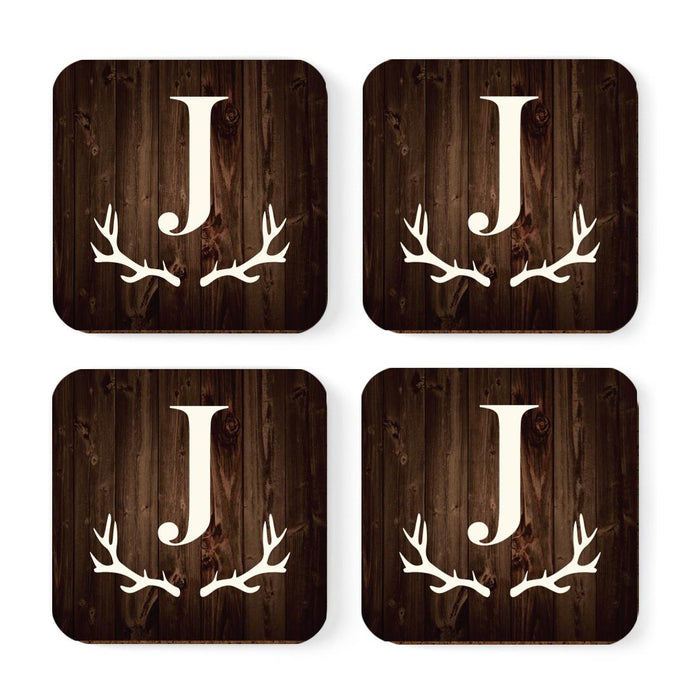 Square Coffee Drink Monogram Coasters Gift Set, Rustic Wood Deer Antler-Set of 4-Andaz Press-J-