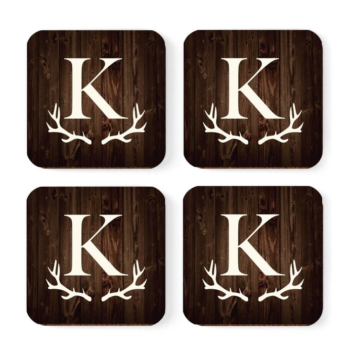 Square Coffee Drink Monogram Coasters Gift Set, Rustic Wood Deer Antler-Set of 4-Andaz Press-K-