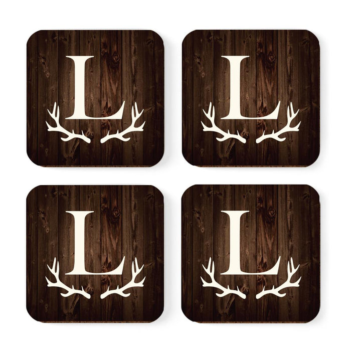 Square Coffee Drink Monogram Coasters Gift Set, Rustic Wood Deer Antler-Set of 4-Andaz Press-L-