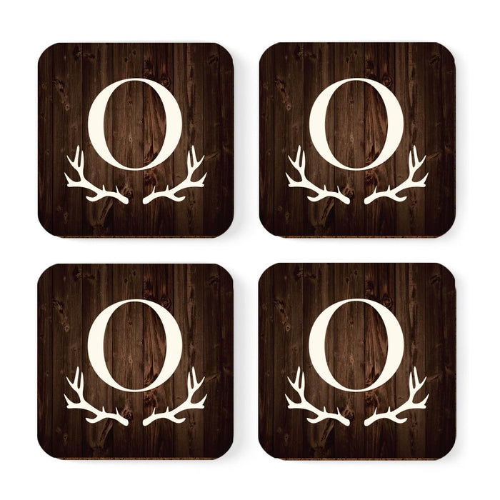 Square Coffee Drink Monogram Coasters Gift Set, Rustic Wood Deer Antler-Set of 4-Andaz Press-O-