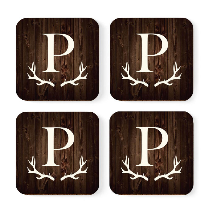 Square Coffee Drink Monogram Coasters Gift Set, Rustic Wood Deer Antler-Set of 4-Andaz Press-P-