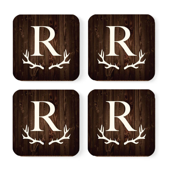 Square Coffee Drink Monogram Coasters Gift Set, Rustic Wood Deer Antler-Set of 4-Andaz Press-R-
