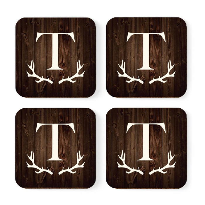 Square Coffee Drink Monogram Coasters Gift Set, Rustic Wood Deer Antler-Set of 4-Andaz Press-T-
