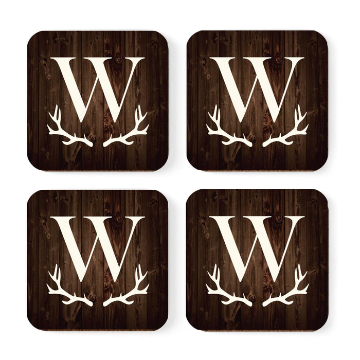 Square Coffee Drink Monogram Coasters Gift Set, Rustic Wood Deer Antler-Set of 4-Andaz Press-W-