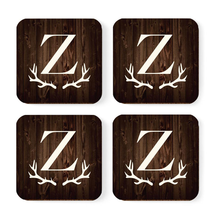 Square Coffee Drink Monogram Coasters Gift Set, Rustic Wood Deer Antler-Set of 4-Andaz Press-Z-