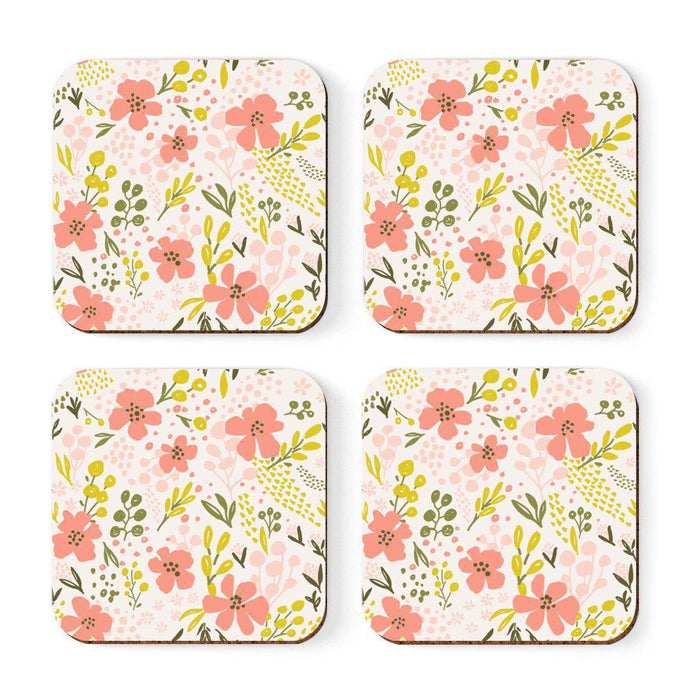 Square Drink Coffee Coasters Gift Set, Boho Design-Set of 4-Andaz Press-Spring Coral Pink Flowers Green Leaves-