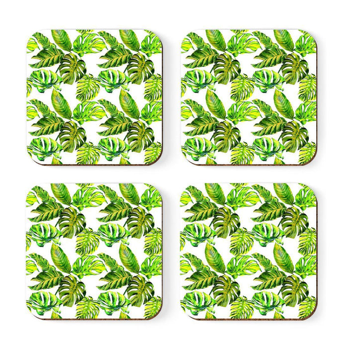 Square Drink Coffee Coasters Gift Set, Boho-Set of 4-Andaz Press-Green Tropical Palm Monstera Leaves-