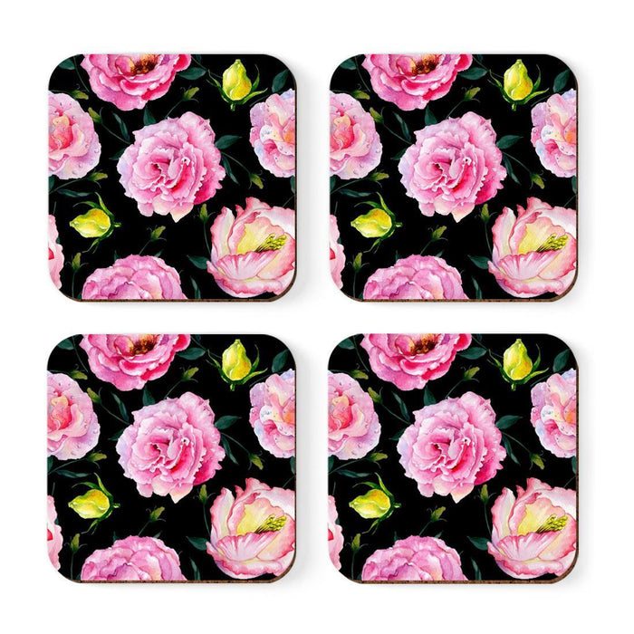 Square Drink Coffee Coasters Gift Set, Boho-Set of 4-Andaz Press-Pink Roses on Black-