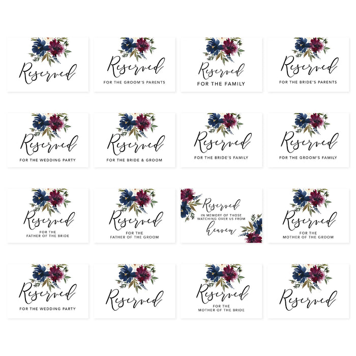 Table Reserved Signs for Wedding Reception, Reserved Family Table Setting Card Signs-Set of 16-Andaz Press-Navy and Burgundy Fall Florals-