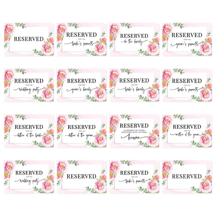 Table Reserved Signs for Wedding Reception, Reserved Family Table Setting Card Signs-Set of 16-Andaz Press-Pink Roses-