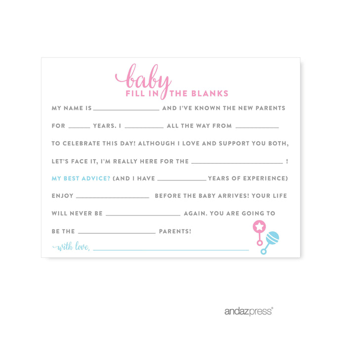 Team Pink/Blue Gender Reveal Baby Shower Games & Fun Activities-Set of 1-Andaz Press-Fill-In-The-Blank-