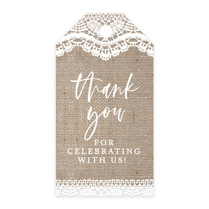 Thank You For Celebrating With Us Favor Tags, Cardstock Gift Tags with Bakers Twine 2 x 3.75-Inches-Set of 100-Andaz Press-Burlap Lace-