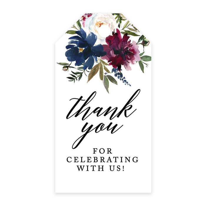 Thank You For Celebrating With Us Favor Tags, Cardstock Gift Tags with Bakers Twine 2 x 3.75-Inches-Set of 100-Andaz Press-Navy Blue and Burgundy Florals-