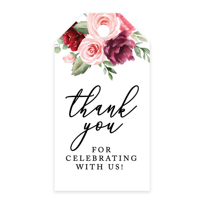Thank You For Celebrating With Us Favor Tags, Cardstock Gift Tags with Bakers Twine 2 x 3.75-Inches-Set of 100-Andaz Press-Pink and Burgundy Florals-