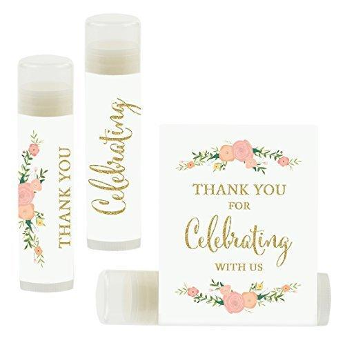 Thank You for Celebrating with US, Lip Balm Favors-Set of 12-Andaz Press-Faux Gold Glitter Print with Florals-