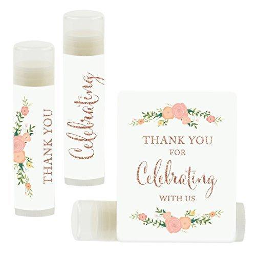 Thank You for Celebrating with US, Lip Balm Favors-Set of 12-Andaz Press-Faux Rose Gold Glitter Print with Florals-