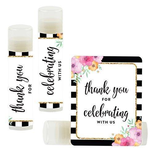 Thank You for Celebrating with US, Lip Balm Favors-Set of 12-Andaz Press-Floral Gold Glitter Print with Black White Stripes-
