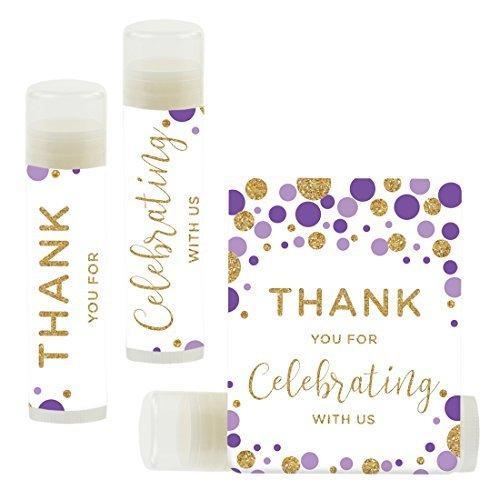 Thank You for Celebrating with US, Lip Balm Favors-Set of 12-Andaz Press-Lavender Purple Faux Gold Glitter Confetti Dots-