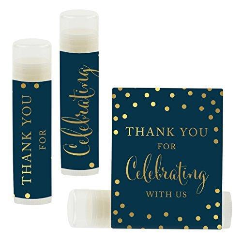 Thank You for Celebrating with US, Lip Balm Favors-Set of 12-Andaz Press-Metallic Gold Ink on Navy Blue-