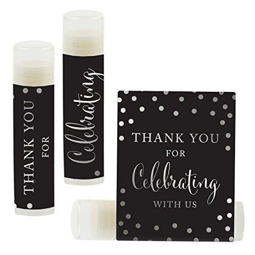 Thank You for Celebrating with US, Lip Balm Favors-Set of 12-Andaz Press-Metallic Silver Ink on Black-