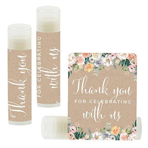 Thank You for Celebrating with US, Lip Balm Favors-Set of 12-Andaz Press-Peach Kraft Brown Rustic Floral Garden Party-