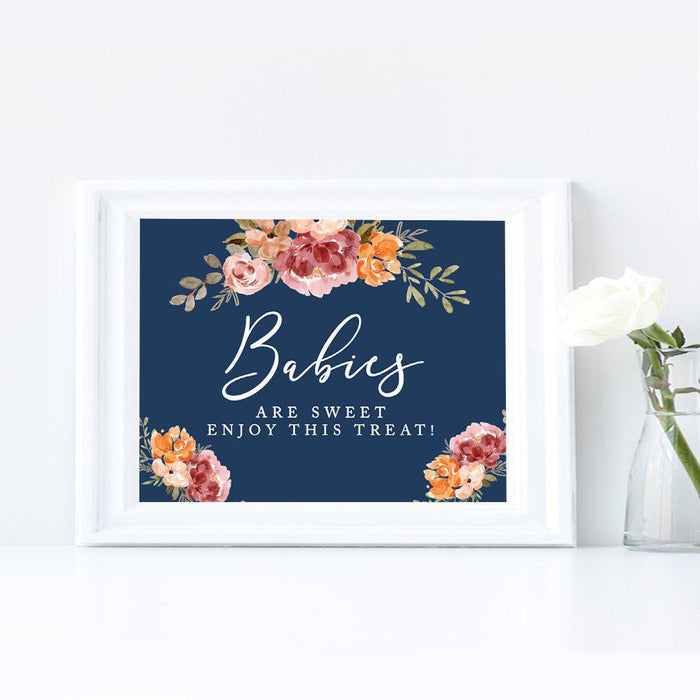 Unframed Navy Blue with Orange Pink Fall WatercolorFlowers Party Sign Baby Shower, Floral Bouquet Design-Set of 1-Andaz Press-Babies-