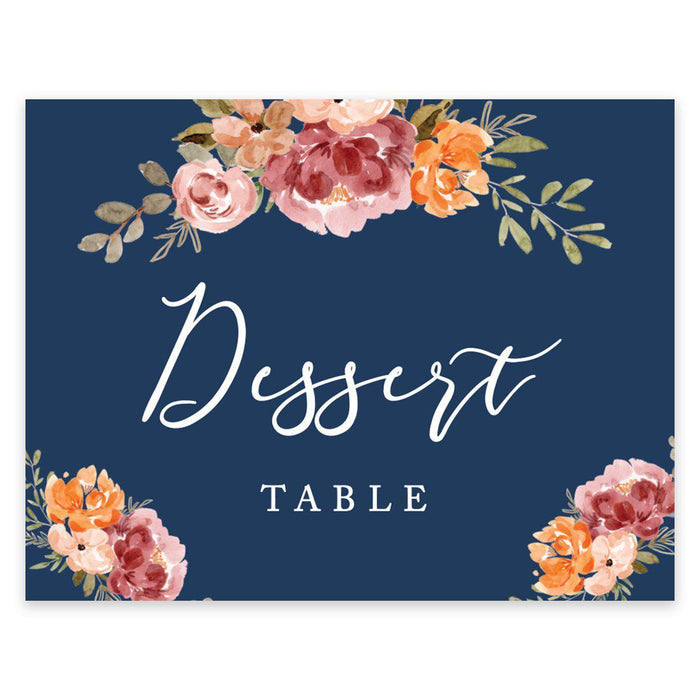 Unframed Navy Blue with Orange Pink Fall WatercolorFlowers Party Sign Baby Shower, Floral Bouquet Design-Set of 1-Andaz Press-Dessert-