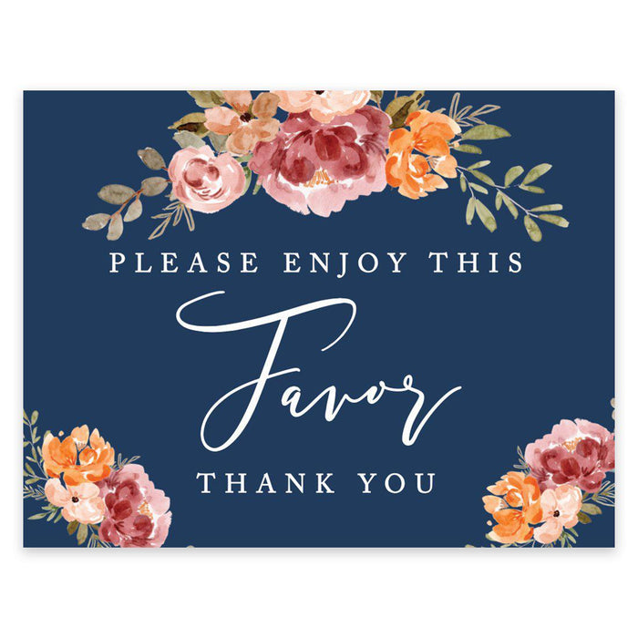 Unframed Navy Blue with Orange Pink Fall WatercolorFlowers Party Sign Baby Shower, Floral Bouquet Design-Set of 1-Andaz Press-Please-