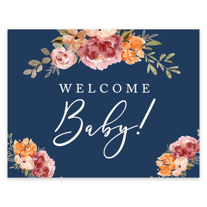Unframed Navy Blue with Orange Pink Fall WatercolorFlowers Party Sign Baby Shower, Floral Bouquet Design-Set of 1-Andaz Press-Welcome-