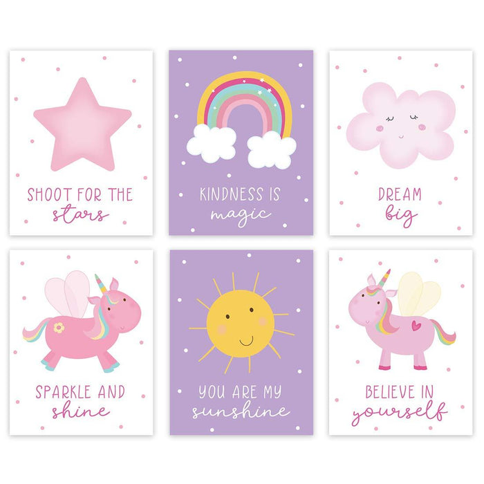Unicorn Nursery Room Hanging Wall Art-Set of 6-Andaz Press-Pink Lavender, Shoot for The Stars, You are My Sunshine-