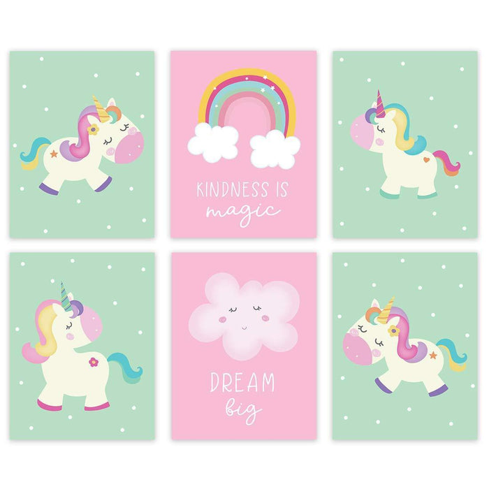 Unicorn Nursery Room Hanging Wall Art-Set of 6-Andaz Press-Pink Mint Green, Rainbow Graphic, Believe in Magic, Dream Big-