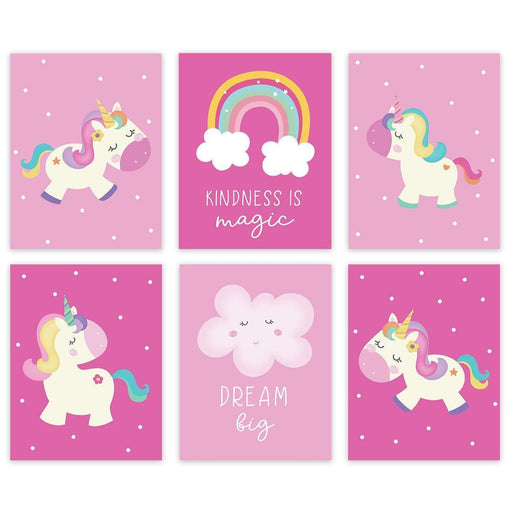 Unicorn Nursery Room Hanging Wall Art-Set of 6-Andaz Press-Pink, Rainbow Graphic, Believe in Magic, Dream Big-