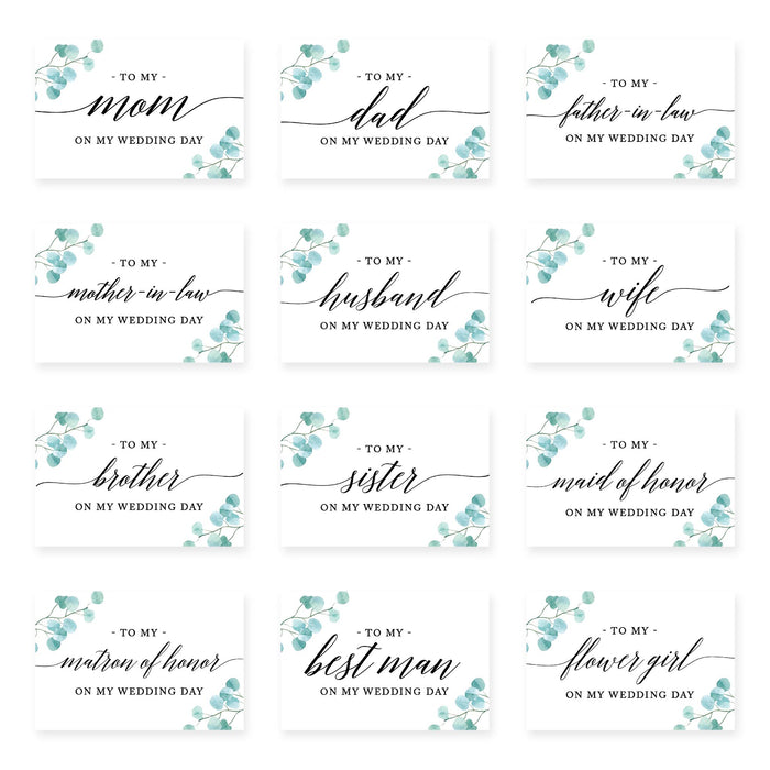 Wedding Day Gift Cards with Envelopes, To My Wife Husband Mom Dad Mother-In-Law Father-In-Law-Set of 12-Andaz Press-Eucalyptus Leaves-