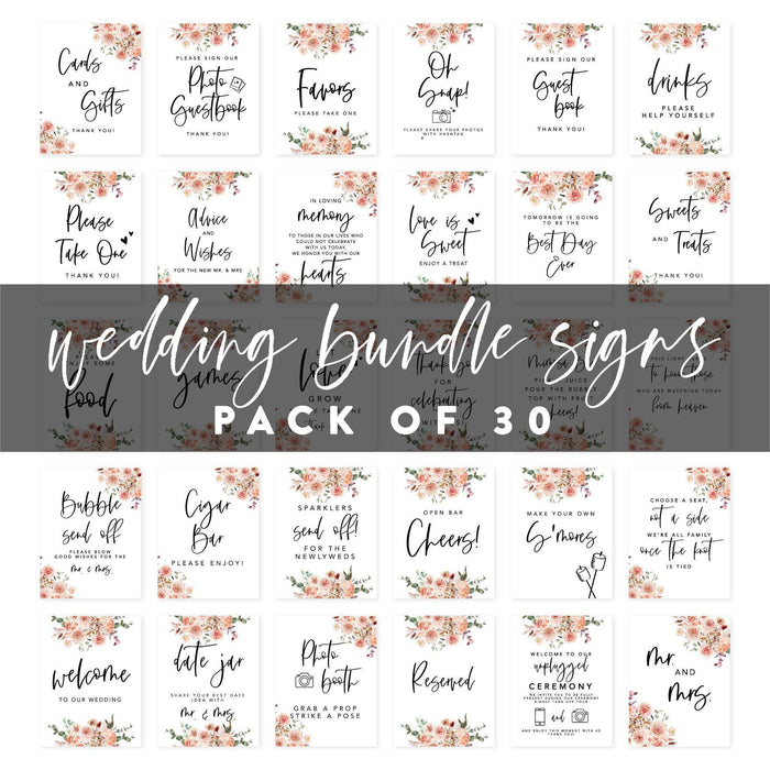 Wedding Signs Bundle Set for Ceremony, Reception Decor Signage-Set of 30-Andaz Press-Coral Florals-