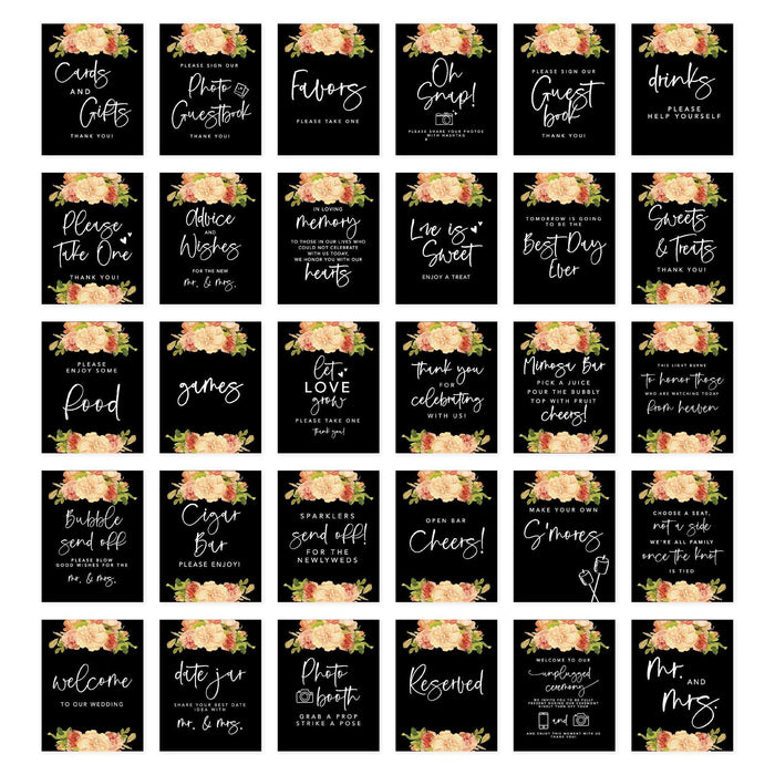 Wedding Signs Bundle Set for Ceremony, Reception Decor Signage-Set of 30-Andaz Press-Black with Spring Florals-