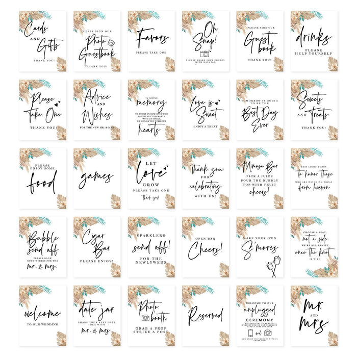 Wedding Signs Bundle Set for Ceremony, Reception Decor Signage-Set of 30-Andaz Press-Boho Dried Palm Leaves-