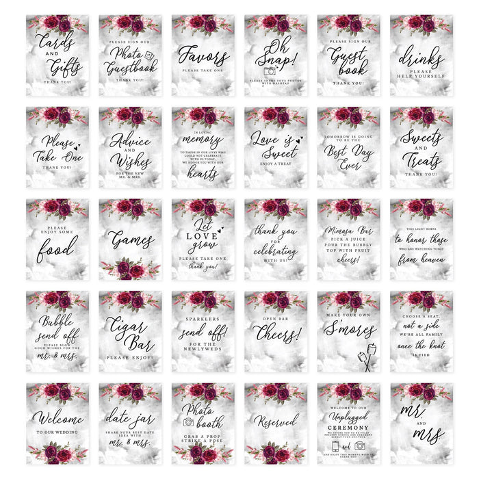 Wedding Signs Bundle Set for Ceremony, Reception Decor Signage-Set of 30-Andaz Press-Burgundy and Pink Floras with Marble-