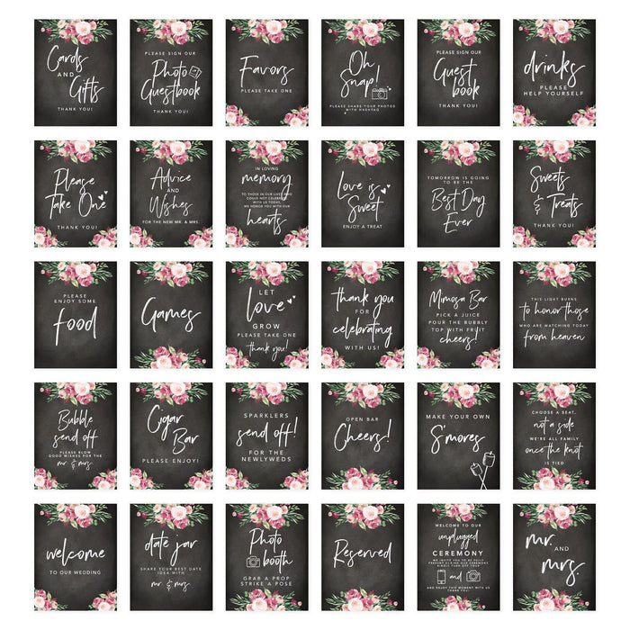 Wedding Signs Bundle Set for Ceremony, Reception Decor Signage-Set of 30-Andaz Press-Chalkboard Florals-