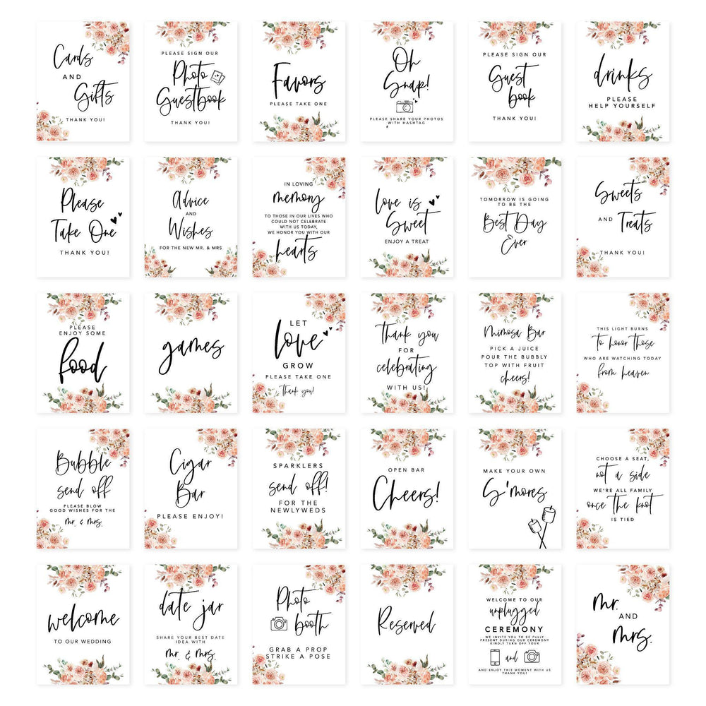 Wedding Signs Bundle Set for Ceremony, Reception Decor Signage-Set of 30-Andaz Press-Coral Florals-