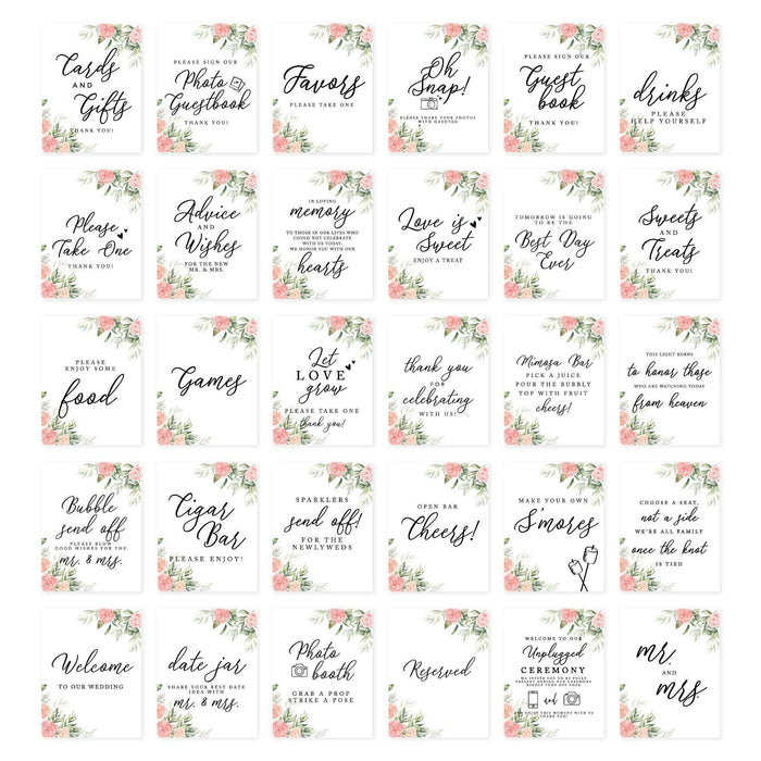 Wedding Signs Bundle Set for Ceremony, Reception Decor Signage-Set of 30-Andaz Press-Coral Peach Roses-