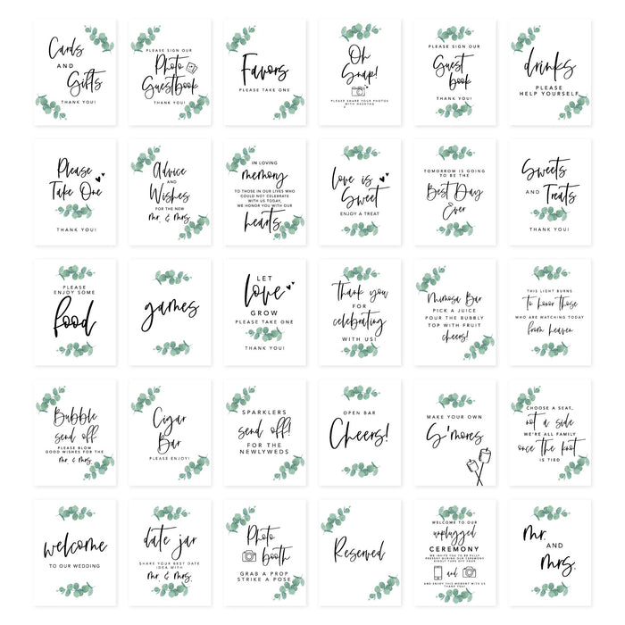 Wedding Signs Bundle Set for Ceremony, Reception Decor Signage-Set of 30-Andaz Press-Eucalyptus-