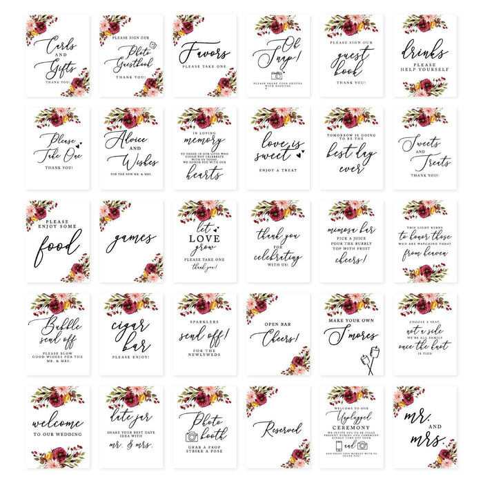 Wedding Signs Bundle Set for Ceremony, Reception Decor Signage-Set of 30-Andaz Press-Fall Burgundy Marsala-